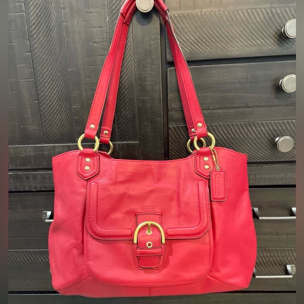 Coach Campbell Belle Carryall Tote Coral Red Leather Buckle F24961 SEE DSCRPT**